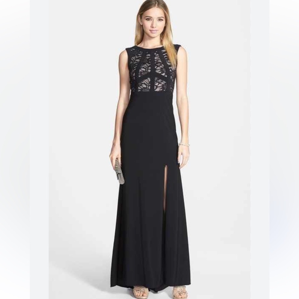 Morgan & Co. lace evening maxi gown dress black thigh slit size 9/10
